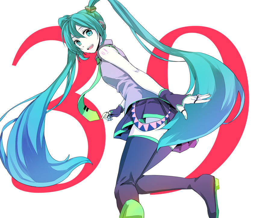 39 aqua_eyes aqua_hair bad_id bad_pixiv_id boots fingerless_gloves gloves hatsune_miku headphones long_hair necktie open_mouth skirt solo tattoo thigh_boots thighhighs tomozero transparent_background twintails very_long_hair vocaloid