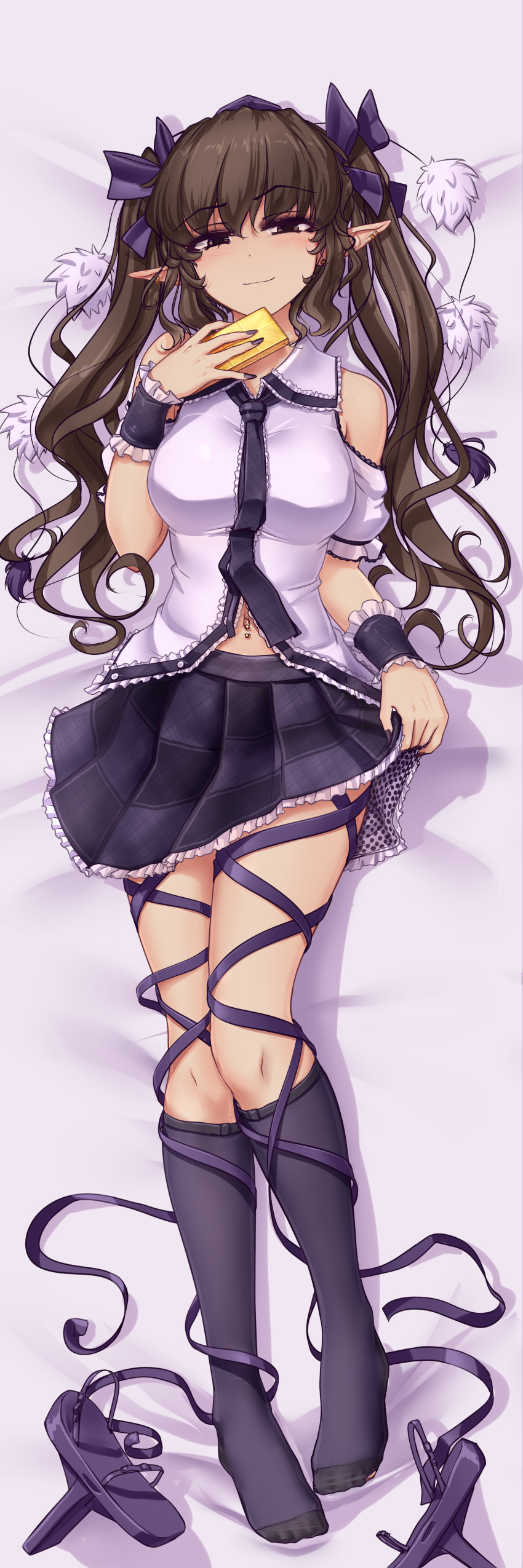 1girl absurdres bangs bed_sheet breasts brown_hair cellphone checkered checkered_skirt collared_shirt commentary dakimakura ear_piercing english_commentary eyebrows_visible_through_hair eyes_closed footwear_removed frilled_shirt frills full_body geta hair_ribbon hand_up hat hater_(artist) hater_(hatater) head_tilt highres himekaidou_hatate holding holding_phone hole_in_sock kneehighs leg_ribbon long_hair lying medium_breasts miniskirt nail_polish navel navel_piercing necktie no_shoes on_back phone piercing pointy_ears pom_pom_(clothes) purple_eyes purple_hat purple_legwear purple_nails purple_ribbon purple_skirt ribbon shirt shoes_removed skirt skirt_hold smile socks solo tengu-geta tokin_hat torn_clothes torn_legwear torn_socks touhou twintails wavy_hair white_shirt wing_collar wrist_cuffs
