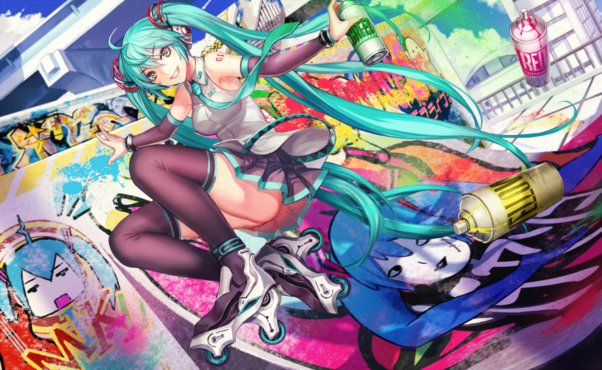 aqua_hair bad_id bad_pixiv_id detached_sleeves graffiti green_eyes grin hatsune_miku infukun inline_skates long_hair outstretched_arms roller_skates shiteyan'yo skates skirt smile solo spray_paint spread_arms thighhighs twintails very_long_hair vocaloid