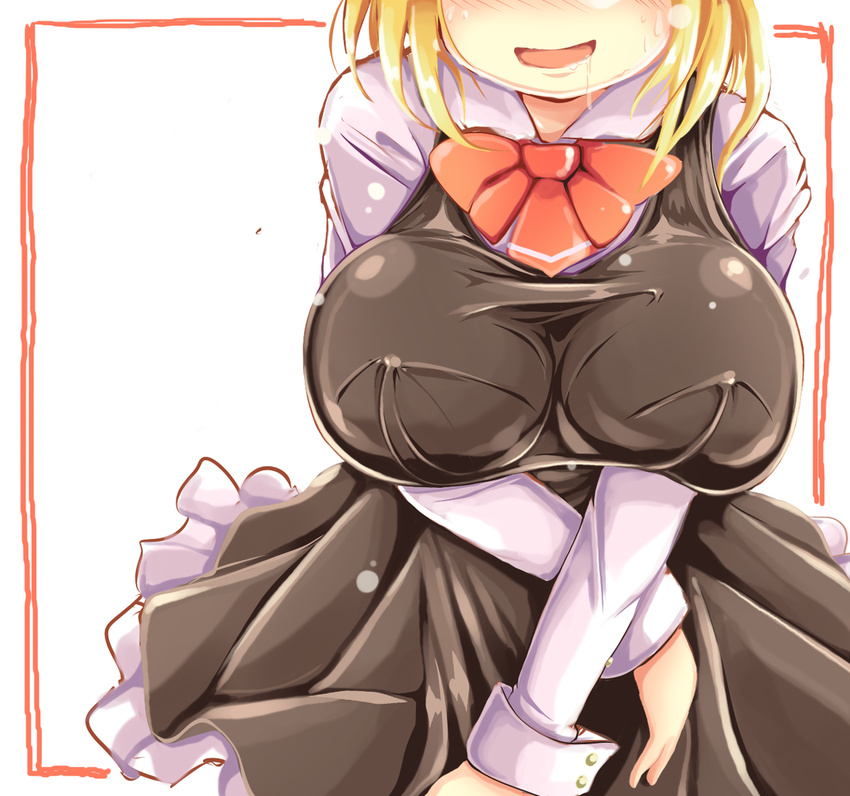 alternate_breast_size ascot blouse blush breast_press breasts covered_nipples drooling head_out_of_frame huge_breasts ichirino_minagi impossible_clothes impossible_vest long_sleeves open_mouth rumia saliva skin_tight skirt solo sweat touhou vest