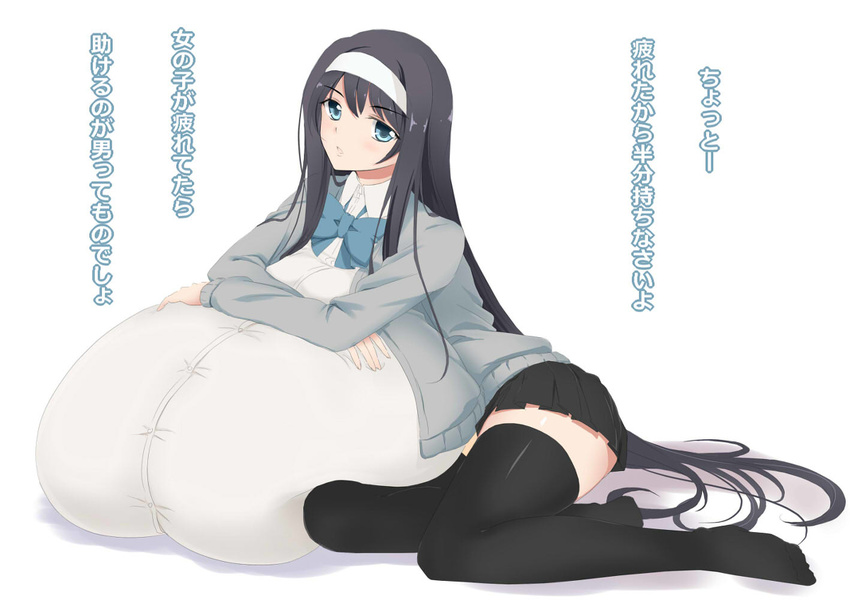1girl black_hair blue_eyes breast_pillow breasts copyright_request gigantic_breasts long_hair looking_at_viewer miniskirt self_pillow simple_background skirt solo thighhighs translation_request tworship white_background zettai_ryouiki