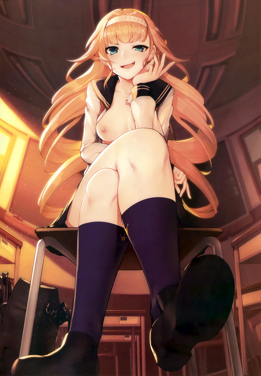 absurdres blonde_hair blue_eyes breasts classroom copyright_request crossed_legs drill_hair fang foreshortening from_below hairband highres hitoto long_hair medium_breasts nipples open_clothes open_shirt scan school_uniform serafuku shirt smile socks solo sweatdrop twin_drills