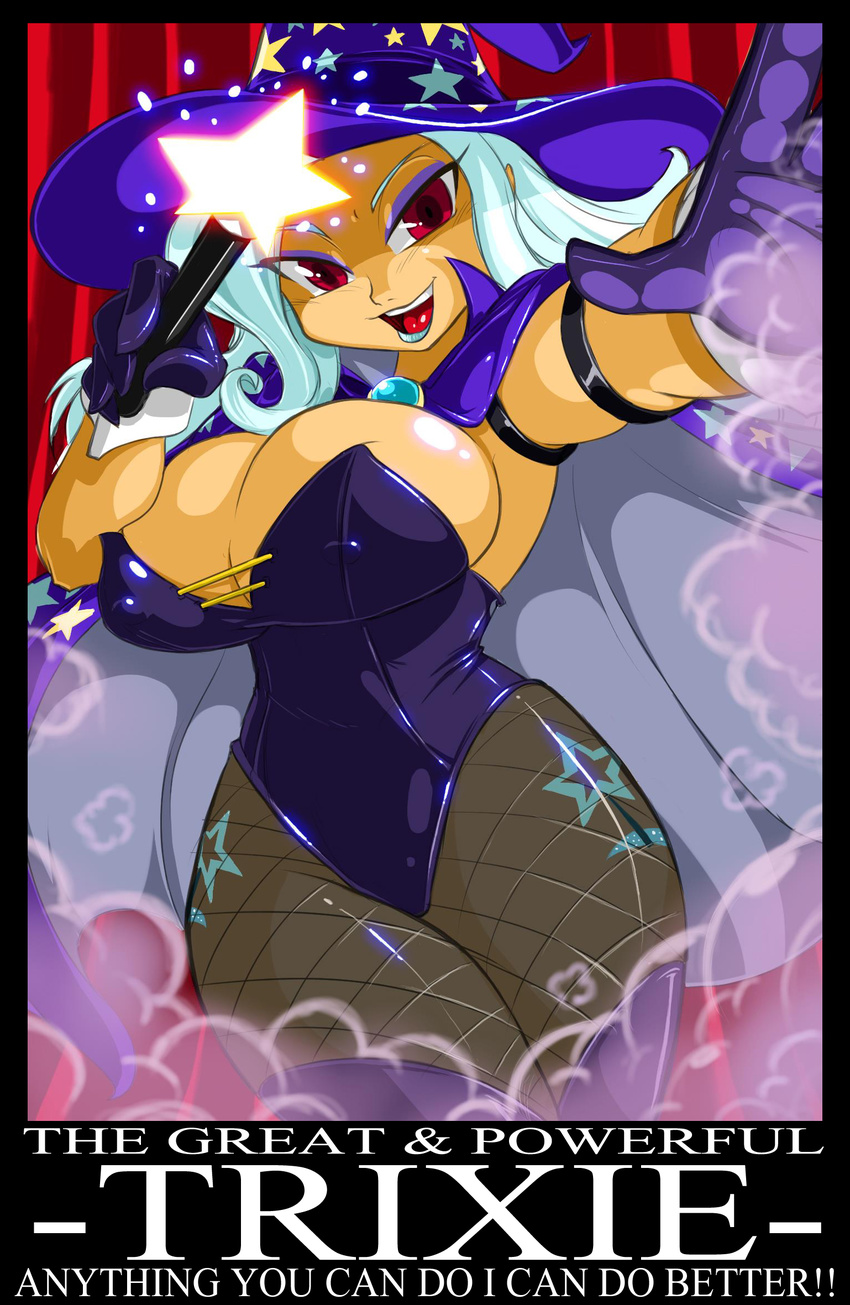 1girl aqua_hair breasts cape cleavage curtains gloves my_little_pony my_little_pony_friendship_is_magic open_mouth personification red_eyes shonuff44 smile smoke star tagme teeth tongue trixie_(my_little_pony) trixie_lulamoon wand wizard_hat