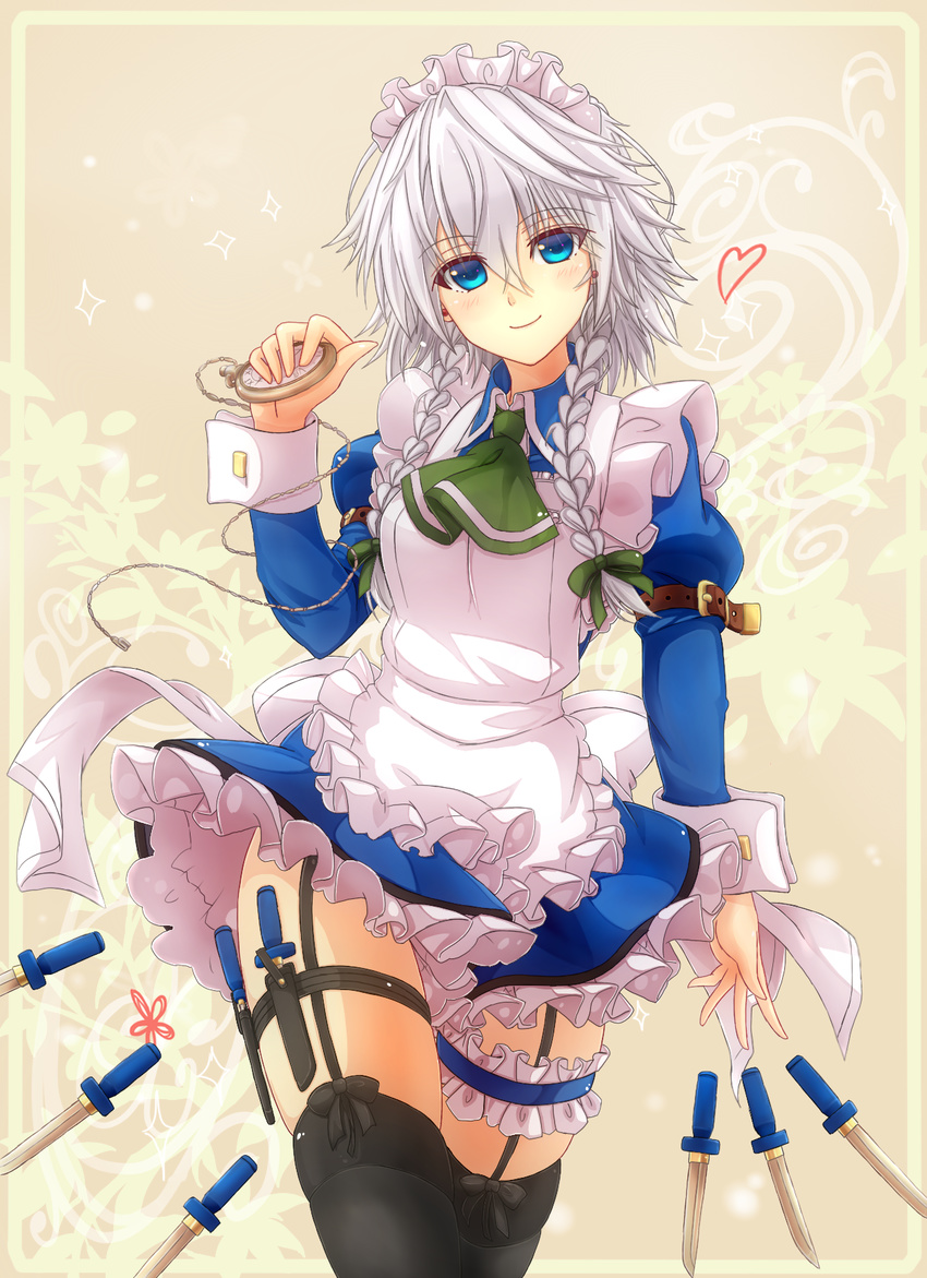 apron ascot black_hair blue_dress blue_eyes braid dress garter_straps heart highres holster izayoi_sakuya juliet_sleeves knife leg_garter long_sleeves maid maid_apron maid_headdress mickey_dunn pocket_watch puffy_sleeves sheath sheathed silver_hair smile solo thigh_holster thigh_strap thighhighs throwing_knife touhou twin_braids watch weapon