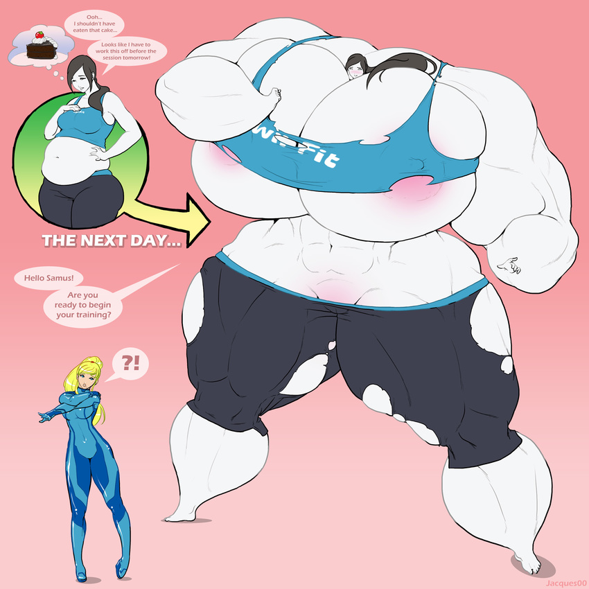 2girls breasts extreme_muscles fat gigantic_breasts huge_breasts jacques00 metroid multiple_girls samus_aran wii_fit wii_fit_trainer