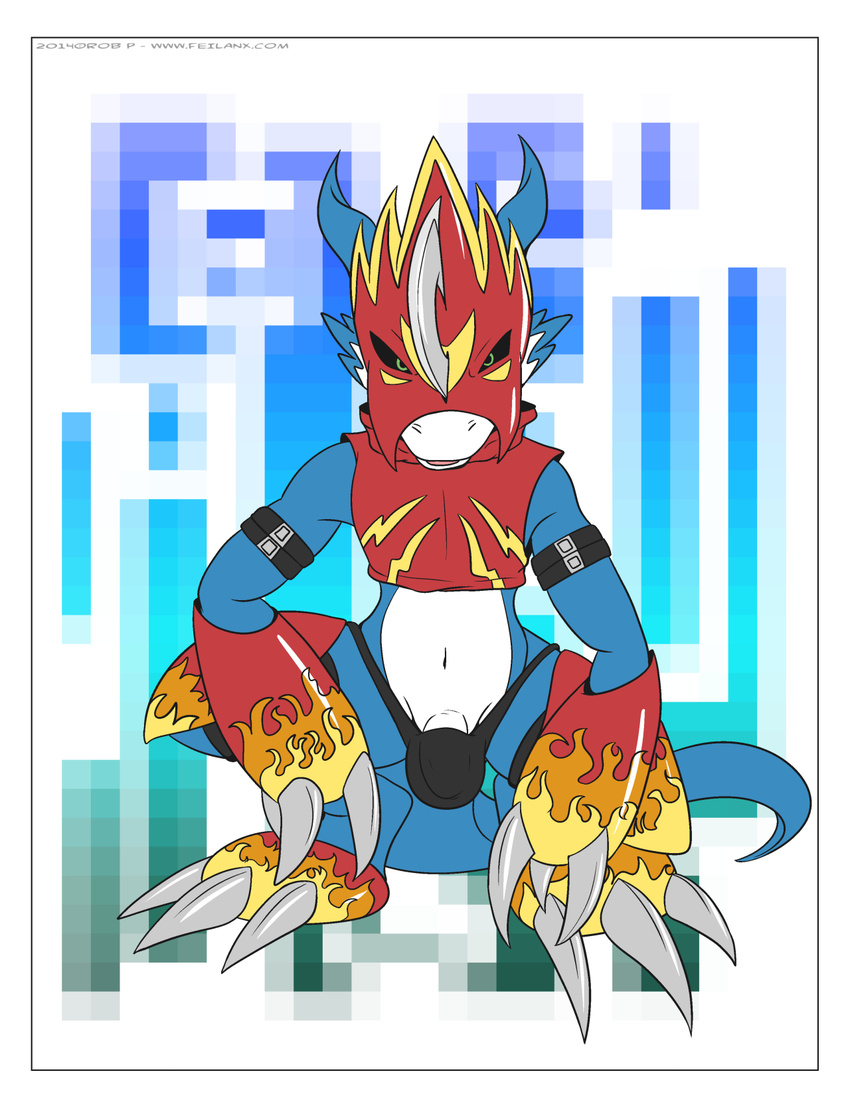 2014 3_toes abstract_background anthro balls bandai claws clothed clothing digimon dragon flamedramon horn looking_at_viewer male mrpandragon navel open_mouth panties penis solo toes underwear