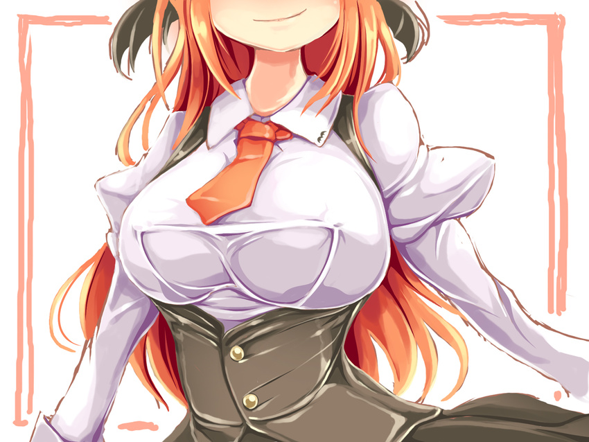 adapted_costume breasts covered_nipples head_out_of_frame ichirino_minagi koakuma large_breasts long_hair necktie red_hair smile solo touhou