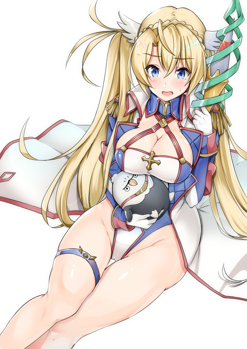 1girl blonde_hair blue_eyes bradamante_(fate/grand_order) braid breasts cleavage elbow_gloves epaulettes fate/grand_order fate_(series) gloves hands_on_hips highres hippogriff large_breasts leotard long_hair looking_at_viewer millipen_(medium) polearm sezoku sitting solo stuffed_animal stuffed_toy traditional_media twintails weapon