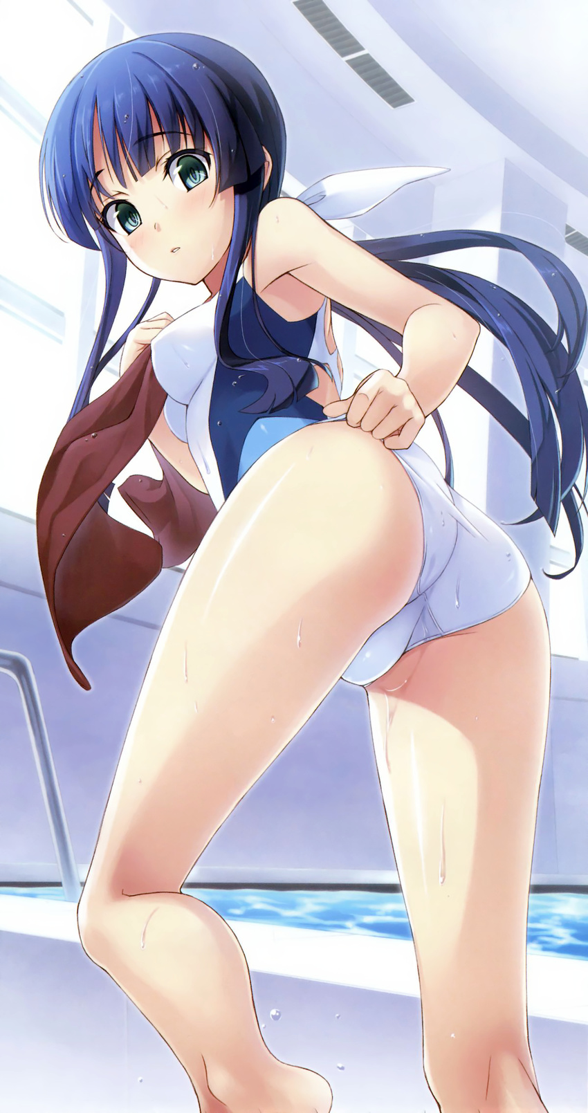 adjusting_clothes adjusting_swimsuit ass bare_legs barefoot blue_eyes blue_hair competition_swimsuit from_behind from_below gin_(ginshari) highres impossible_clothes joshi_mote_na_imouto_to_junan_na_ore leaning_forward long_hair looking_back looking_down low_ponytail mitsurogi_rinze non-web_source one-piece_swimsuit parted_lips scan sidelocks solo swimsuit towel wet wet_hair