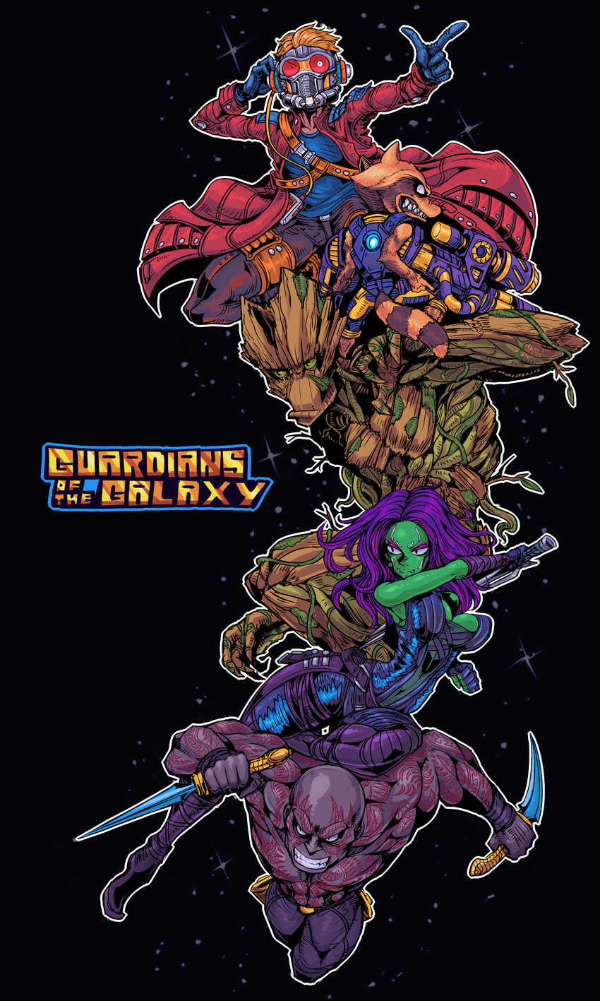 2boys absurdres dagger drax_the_destroyer gamora groot guardians_of_the_galaxy gun highres marvel multiple_boys peter_quill reverse_grip rocket_raccoon tagane weapon