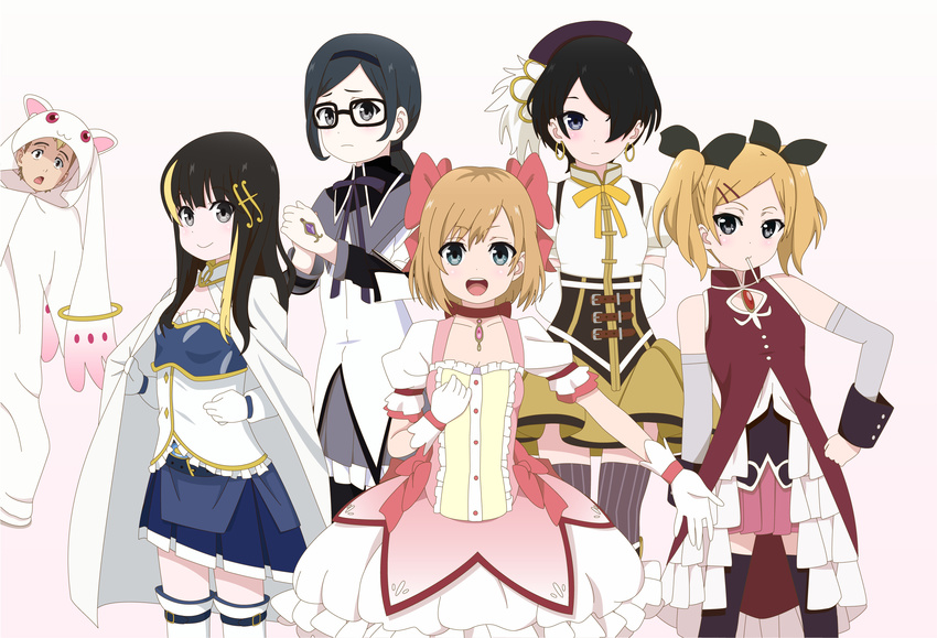 1boy 5girls akemi_homura akemi_homura_(cosplay) akemi_homura_(magical_girl) andou_tsubaki aqua_eyes black_hair blonde_hair blue_eyes brown_hair commentary_request cosplay earrings fortissimo glasses gradient_background grey_eyes hair_ornament hairband hairclip highres jewelry kaname_madoka kaname_madoka_(cosplay) kaname_madoka_(magical_girl) kyubey kyubey_(cosplay) low_ponytail mahou_shoujo_madoka_magica mahou_shoujo_madoka_magica_(anime) miki_sayaka miki_sayaka_(cosplay) miki_sayaka_(magical_girl) miyamori_aoi multicolored_hair multiple_girls musical_note musical_note_hair_ornament okitsu_yuka pantyhose parody ponytail sakura_kyoko sakura_kyoko_(cosplay) sakura_kyoko_(magical_girl) satou_sara shirobako short_hair short_twintails streaked_hair takanashi_tarou tamii_tamii thighhighs tomoe_mami tomoe_mami_(cosplay) tomoe_mami_(magical_girl) twintails yano_erika