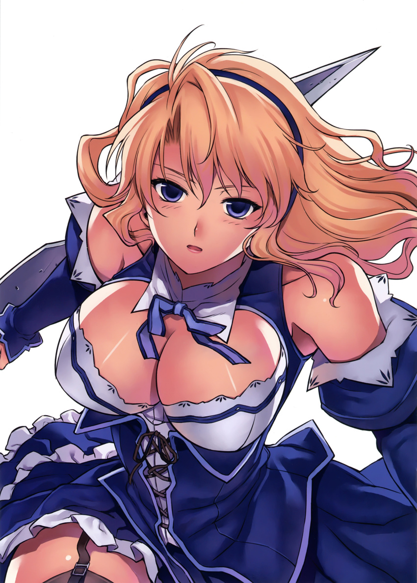 absurdres bare_shoulders black_legwear blonde_hair blue_eyes blush bow breasts cleavage cleavage_cutout detached_sleeves dress freezing garter_straps garters hairband highres kim_kwang_hyun large_breasts long_hair long_sleeves looking_at_viewer no_bra official_art open_mouth satellizer_el_bridget scan solo sword thighhighs weapon