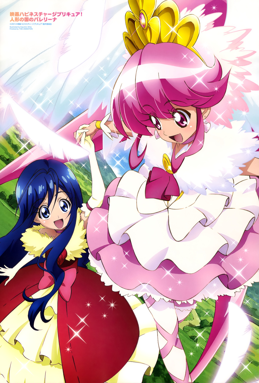 absurdres aino_megumi blue_eyes blue_hair cure_lovely elbow_gloves feathers gloves happinesscharge_precure! highres long_hair multiple_girls non-web_source official_art oota_kazuhiro open_mouth pink_eyes pink_hair precure super_happiness_lovely thighhighs tsumugi_(happinesscharge_precure!) wings