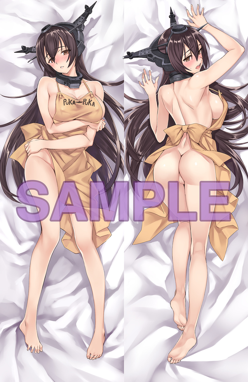 apron ass barefoot blush breasts brown_eyes brown_hair cleavage dakimakura feet headgear highres kantai_collection large_breasts long_hair lying matsuryuu multiple_views nagato_(kantai_collection) naked_apron no_pussy on_back on_stomach open_mouth parted_lips puka_puka sample sideboob soles toes