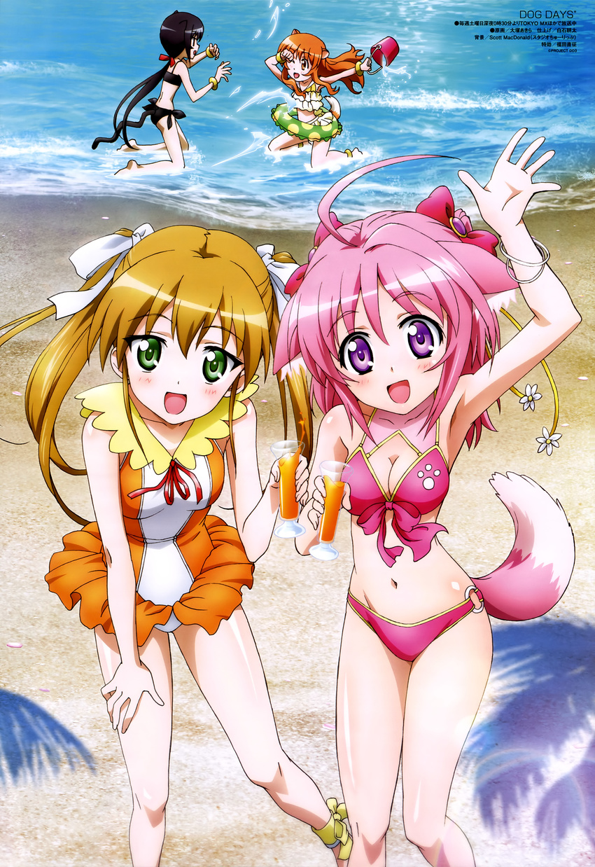 :d absurdres ahoge animal_ears animedia arm_up beach bikini black_hair blonde_hair breasts cat_ears cat_tail cleavage dog_days dog_ears dog_girl dog_tail drink green_eyes highres innertube kneeling legs medium_breasts millhiore_f_biscotti multiple_girls noir_vinocacao non-web_source o-ring o-ring_bottom ocean official_art ootsuka_akira open_mouth pink_hair rebecca_anderson ricotta_elmar smile swimsuit tail twintails water