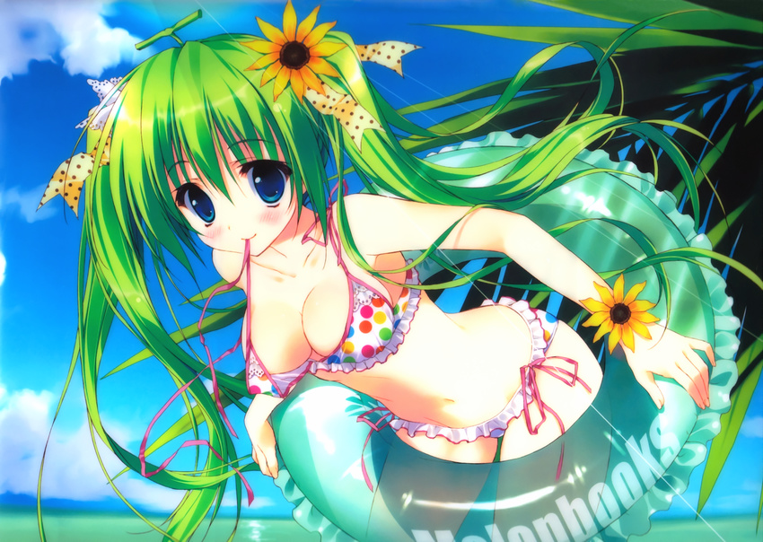 absurdres bad_id bad_yandere_id bikini blue_eyes blush bow breasts cleavage flower frilled_bikini frills green_hair hair_flower hair_ornament hair_ribbon highres huge_filesize innertube long_hair medium_breasts melon-chan melonbooks midriff mouth_hold navel polka_dot ribbon ryouka_(suzuya) side-tie_bikini smile solo sunflower swimsuit twintails untied yellow_bow