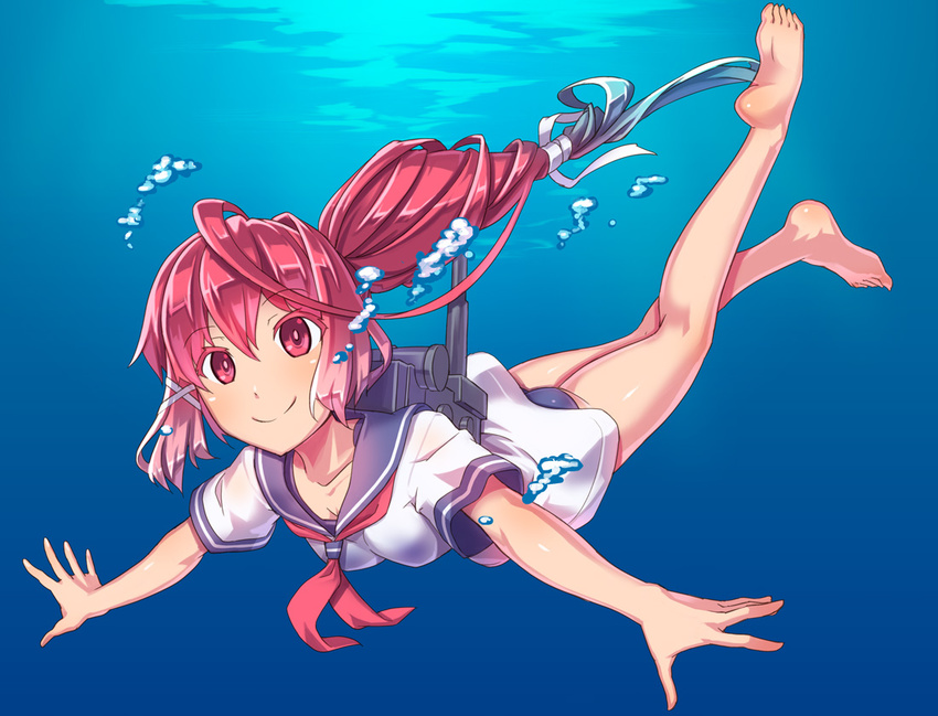 ahoge air_bubble barefoot bubble gradient_hair huge_ahoge i-168_(kantai_collection) kantai_collection legs long_hair long_legs low-tied_long_hair multicolored_hair outstretched_arms pink_eyes pink_hair ponytail school_swimsuit school_uniform serafuku smile soles solo spread_arms swimming swimsuit underwater yukimura_tsubame