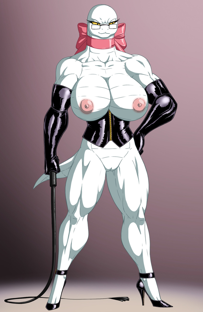 anthro big_breasts bow breasts corset crovirus dominatrix eyewear female glasses gloves high_heels muscles muscular_female nipples pussy reptile scalie snake solo victoria_viper whip yellow_eyes