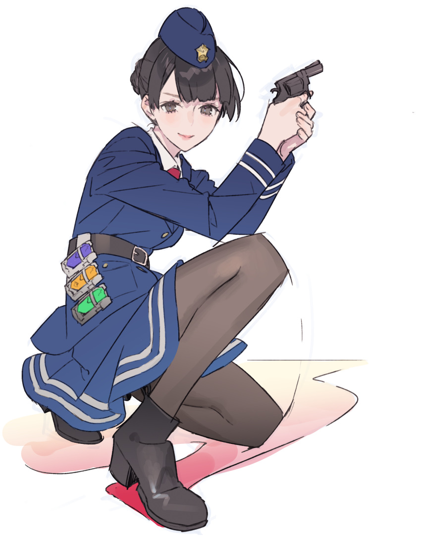 1girl belt black_hair gun hair_bun handgun hat highres holding holding_gun holding_weapon kamen_rider kamen_rider_drive_(series) noco_(adamas) one_knee pantyhose police police_hat police_uniform policewoman revolver shijima_kiriko skirt toy_car uniform weapon