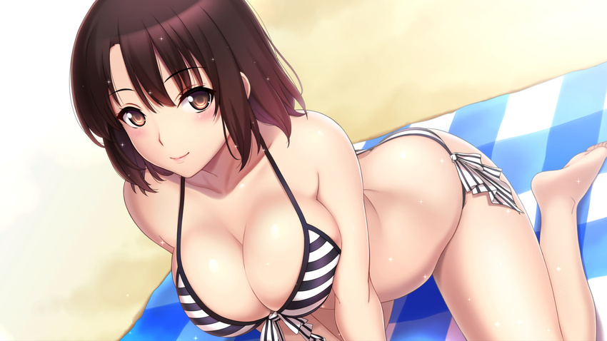 bangs barefoot bikini blanket blush breasts brown_eyes brown_hair cleavage highres katou_megumi large_breasts lintanghaseo plaid revision saenai_heroine_no_sodatekata sand short_hair side-tie_bikini smile solo striped striped_bikini swimsuit wallpaper