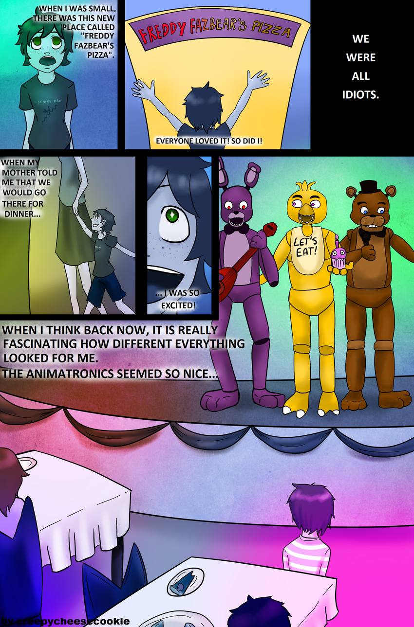 animatronic bonnie_(fnaf) chica_(fnaf) comic creepycheesecookie cupcake_(fnaf) female five_nights_at_freddy's freddy_(fnaf) human machine male mammal mechanical mike_schmidt robot