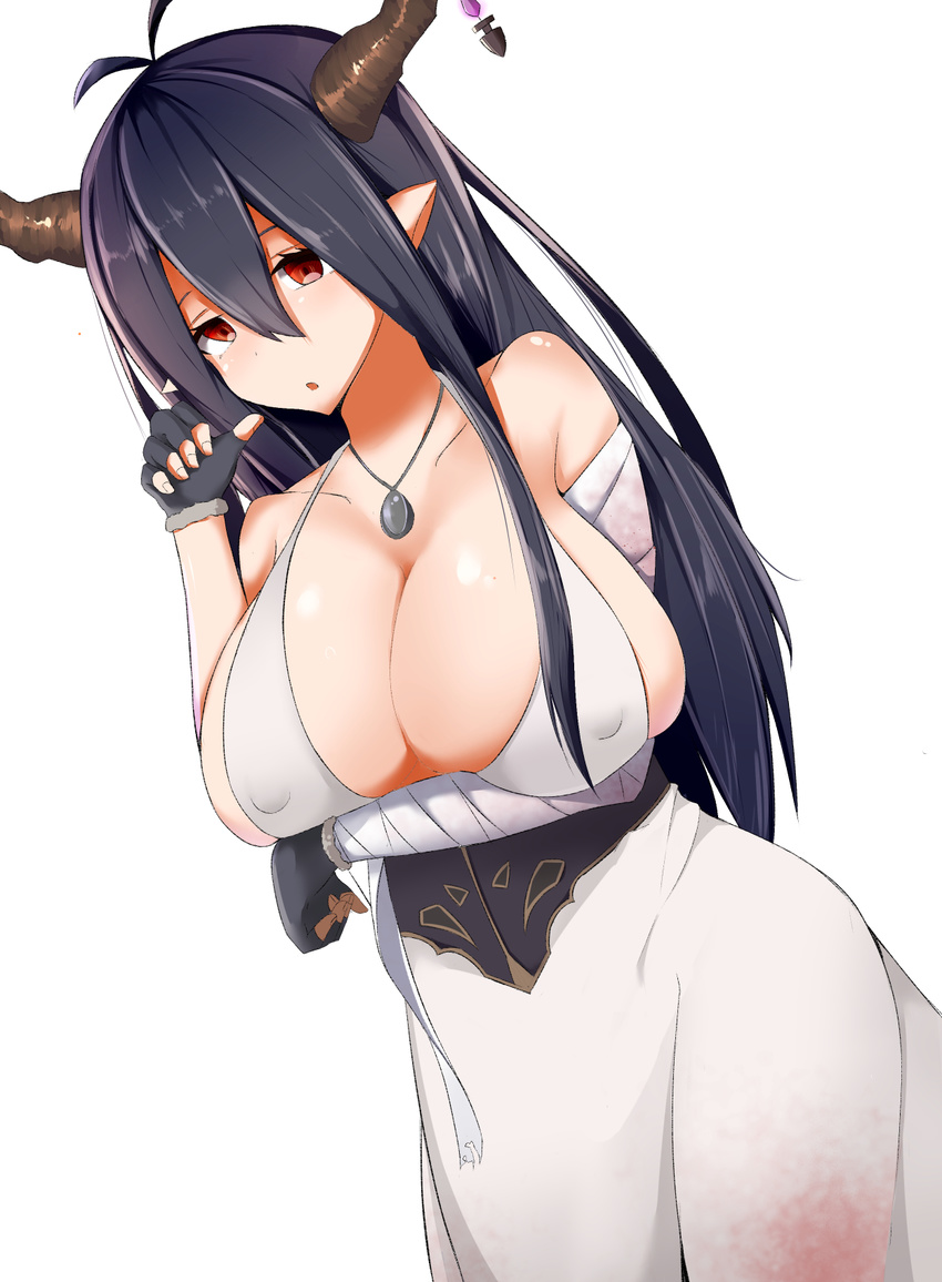 :o antenna_hair bandages breast_hold breasts danua draph dress dutch_angle fingerless_gloves gloves granblue_fantasy highres horn_ornament horns huge_breasts jewelry large_breasts long_hair necklace pointy_ears purple_hair red_eyes solo yukaiyan