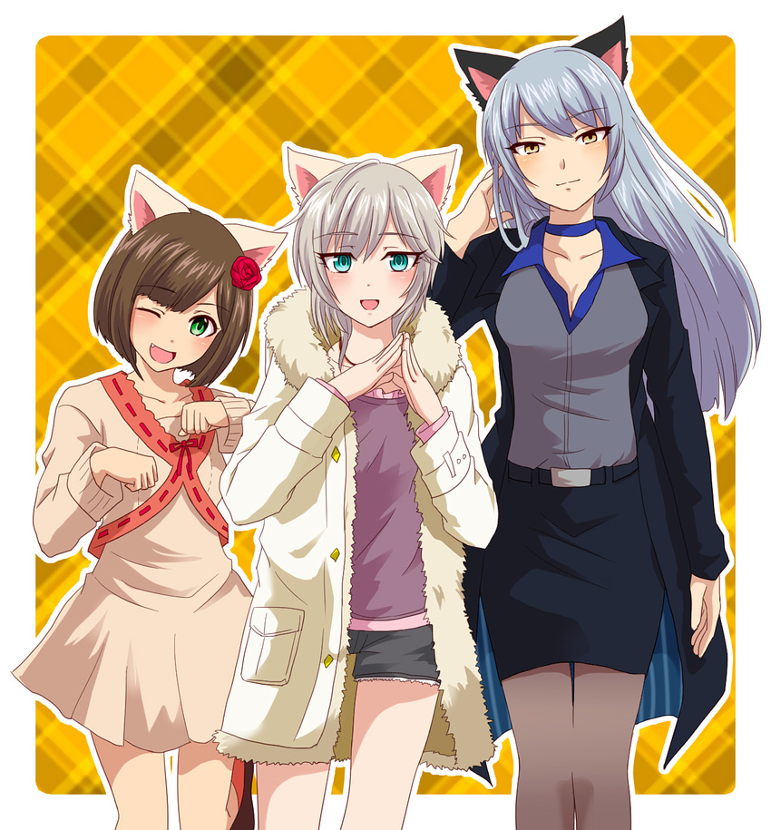 :d ;d anastasia_(idolmaster) animal_ears cat_ears fang highres idolmaster idolmaster_cinderella_girls maekawa_miku multiple_girls nyan_nyan_nyan_(idolmaster) one_eye_closed open_mouth pantyhose parka paw_pose pencil_skirt plaid plaid_background popon_ta skirt smile steepled_fingers takamine_noa