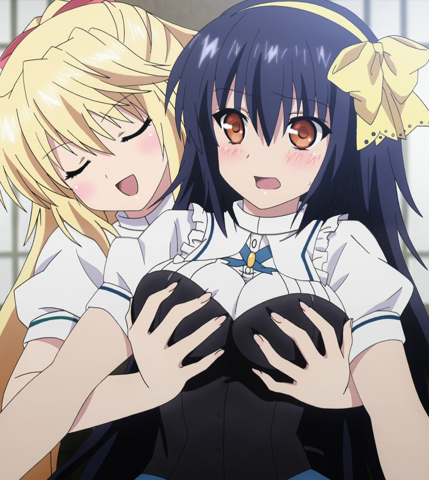 2girls 8-bit_(company) absolute_duo blonde_hair blue_hair blush breast_grab breasts eyes_closed grabbing groping hair_ornament hair_ribbon indoors large_breasts lilith_bristol long_hair multiple_girls orange_eyes ribbon school_uniform screencap smile tachibana_tomoe_(absolute_duo)