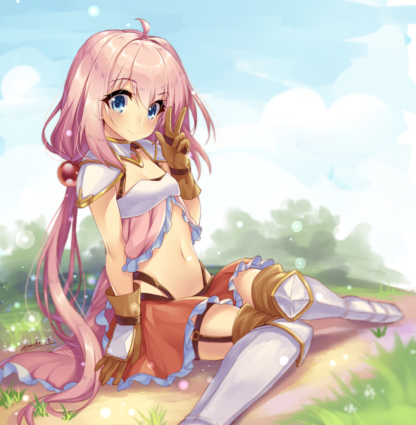 1girl abondz ahoge armored_boots blurry blurry_background blush boots breasts cleavage day detached_collar endro! eyebrows_visible_through_hair frills gloves hair_between_eyes hair_bobbles hair_ornament highres long_hair looking_at_viewer low_twintails navel outdoors pauldrons pink_hair shoulder_armor signature sitting small_breasts smile solo thigh_boots thighhighs twintails v yuria_shardet