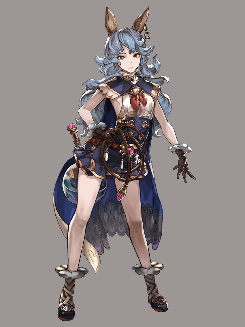 animal_ears belt belt_buckle blue_hair breasts brown_eyes buckle bunny_ears cape contrapposto earrings erune ferry_(granblue_fantasy) full_body gloves granblue_fantasy grey_background hand_on_hip highres holding jewelry kuma_(darakehoudai) legs long_hair looking_at_viewer loose_belt neckerchief pale_skin simple_background small_breasts solo standing wavy_hair whip