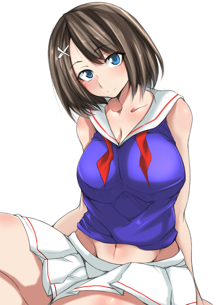bare_arms bare_legs bare_shoulders blue_eyes breasts brown_hair gggg hair_ornament highres kantai_collection large_breasts maya_(kantai_collection) pleated_skirt school_uniform serafuku short_hair sitting skirt sleeveless smile solo