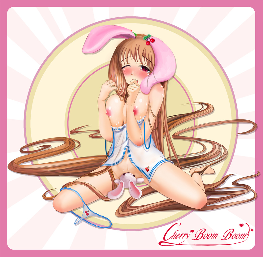 absurdly_long_hair animal_ears barefoot border breast_squeeze breasts brown_hair bunny_ears camisole cherry cherry_(ohayou_girls) crotch_rub female_orgasm food fruit full_body g-string highres large_breasts long_hair masturbation nipples ohayou_girls one_eye_closed orgasm original panties panties_around_one_leg red_eyes see-through sitting solo strap_slip stuffed_animal stuffed_bunny stuffed_toy sweat tears thong underwear very_long_hair wariza