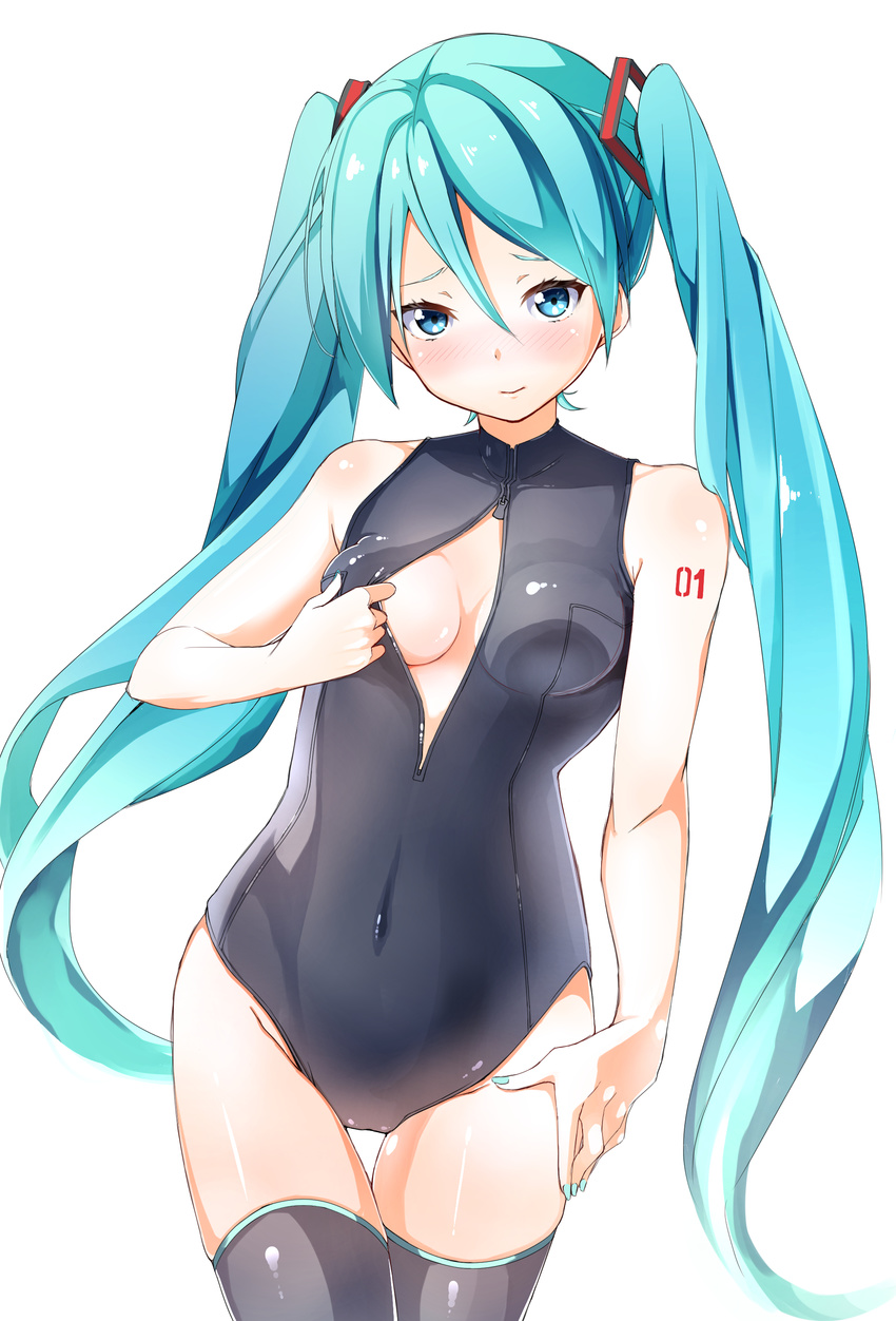 absurdres aqua_eyes aqua_hair blush breasts byte_(allbyte) center_opening covered_navel front_zipper_swimsuit hatsune_miku highres long_hair looking_at_viewer meme_attire nail_polish one-piece_swimsuit simple_background small_breasts solo swimsuit tattoo thigh_gap thighhighs twintails very_long_hair vocaloid white_background