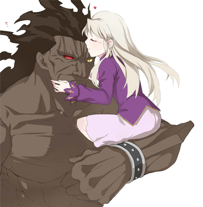 1girl ? bad_id bad_pixiv_id berserker black_hair closed_eyes dark_skin fate/stay_night fate_(series) forehead_kiss heart heterochromia highres illyasviel_von_einzbern kiss long_hair purple_skirt red_eyes silver_hair simple_background size_difference skirt white_background ycco_(estrella)