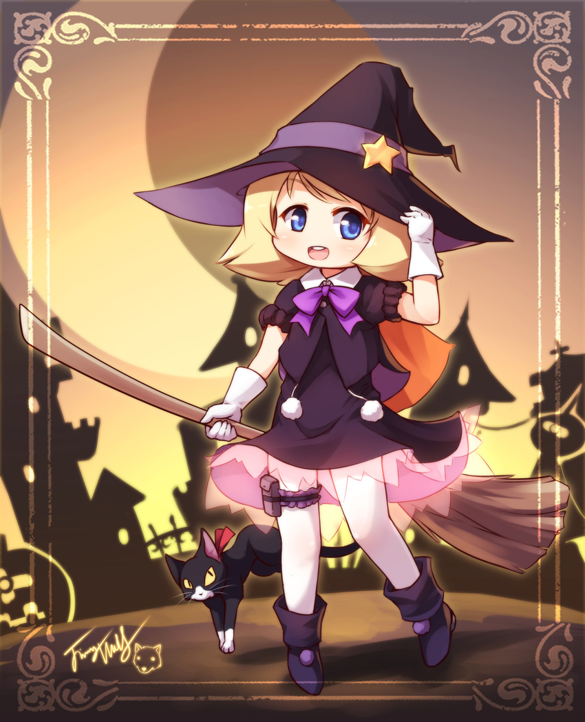 absurdres blonde_hair blue_eyes broom cat gloves gundam hat highres langbazi pantyhose sayla_mass short_hair solo witch_hat younger