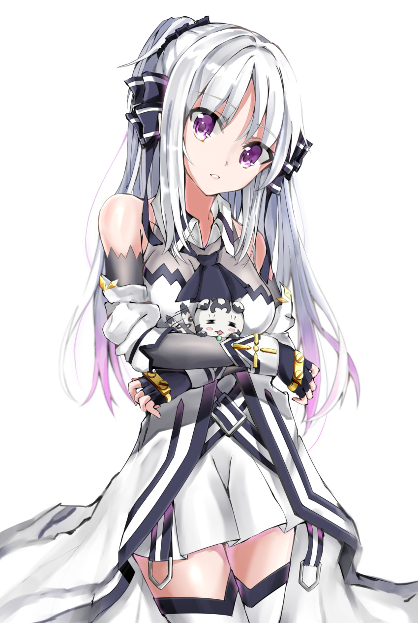 1girl ascot black_gloves black_neckwear bow cat cowboy_shot crossed_arms detached_sleeves eyebrows_visible_through_hair fingerless_gloves gloves gradient_hair grey_sleeves hair_bow head_tilt highres long_hair long_sleeves lyrical_nanoha miniskirt multicolored_hair parted_lips pleated_skirt purple_eyes rinne_berlinetta sankee silver_hair simple_background skirt solo standing thighhighs two-tone_hair very_long_hair vivid_strike! waist_cape white_background white_legwear white_skirt zettai_ryouiki