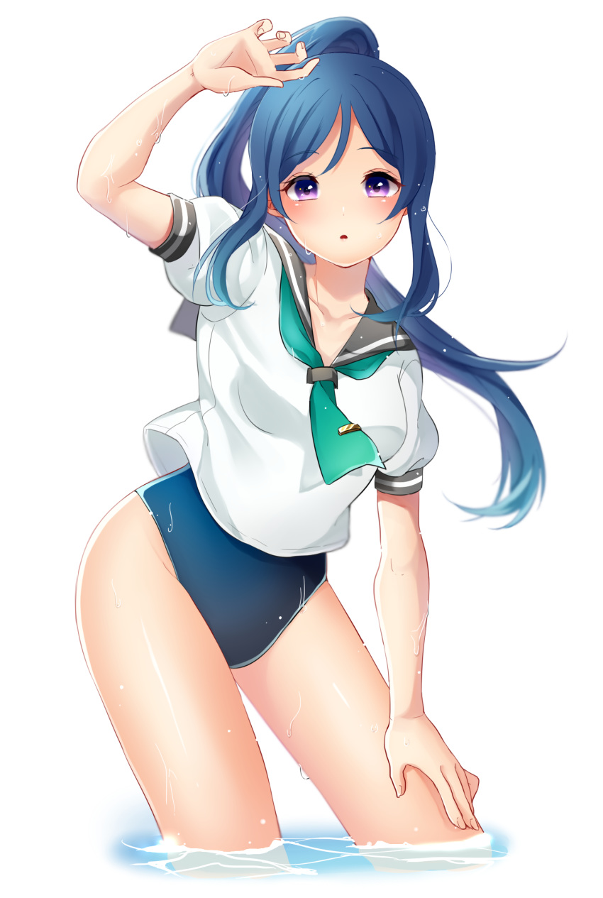 1girl :p arm_up bangs blue_hair blue_swimsuit collarbone contrapposto cropped_legs eyebrows_visible_through_hair floating_hair green_neckwear grey_sailor_collar hair_between_eyes high_ponytail highres long_hair looking_at_viewer love_live! love_live!_sunshine!! matsuura_kanan one-piece_swimsuit parted_bangs purple_eyes sailor_collar shirt short_sleeves shuga_(0329tixi) simple_background solo swimsuit tongue tongue_out very_long_hair wading white_background white_shirt
