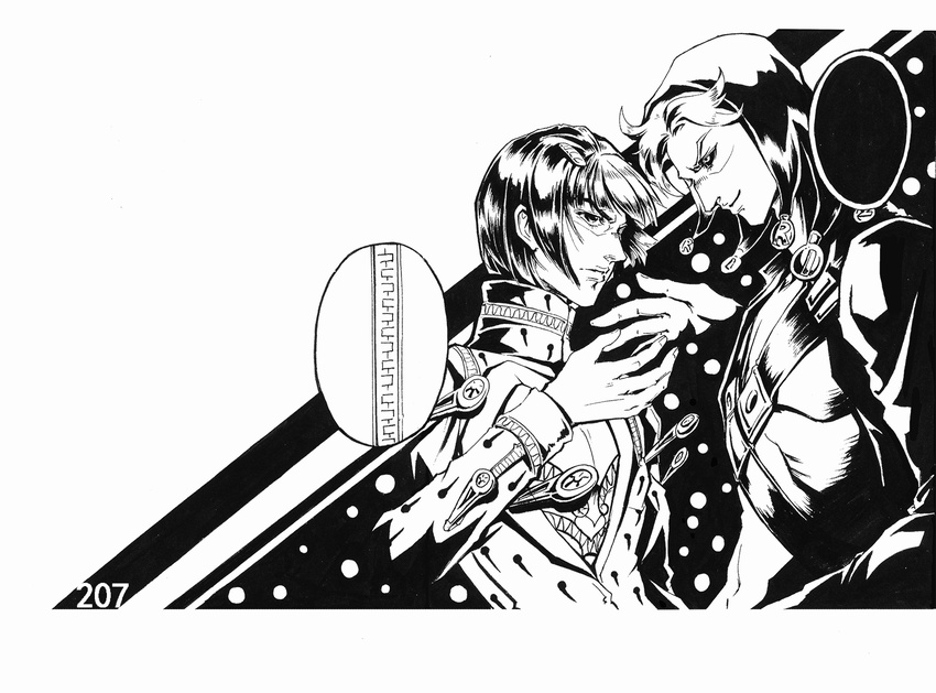 2boys bruno_buccellati greyscale hat highres jojo_no_kimyou_na_bouken monochrome multiple_boys risotto_nero zipper