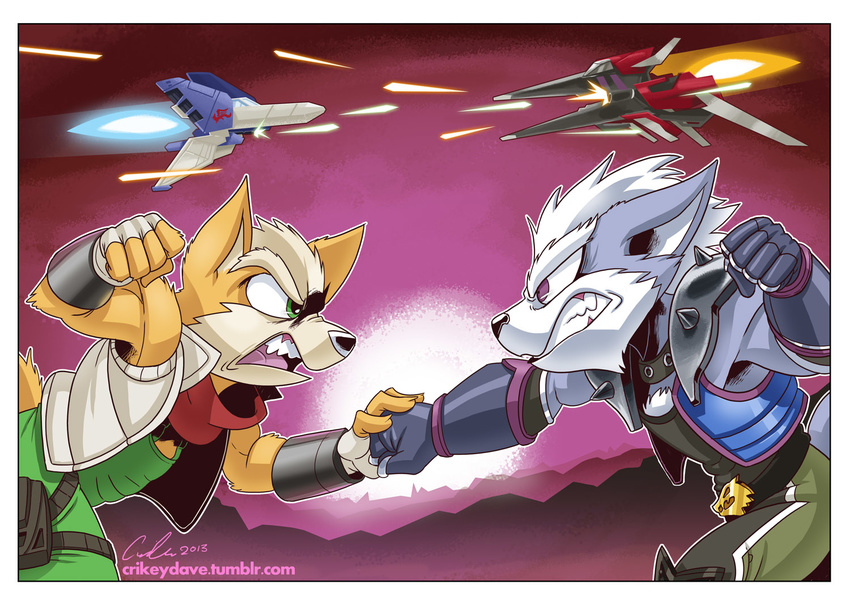 angry anthro arwing bare_shoulders belt black_nose brown_fur canine duo fingerless_gloves fox fox_mccloud fur gloves green_eyes jacket male mammal nintendo open_mouth purple_eyes scarf scottytheman shoulder_pads signature spikes star_fox teeth video_games white_fur wolf wolf_o'donnell wolfen