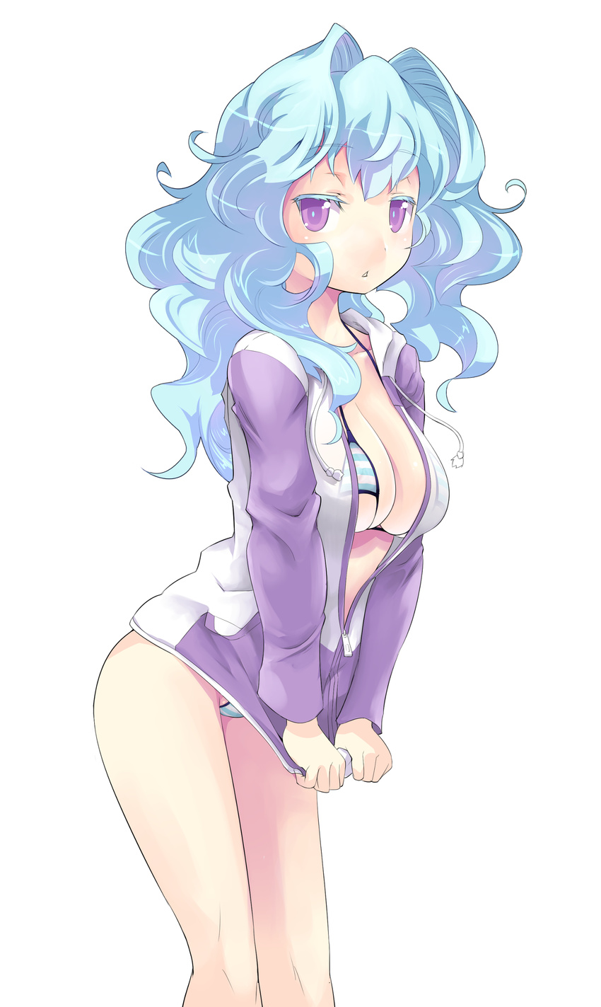 absurdres bikini blue_hair breasts cleavage colored_eyelashes curly_hair dungeons_&amp;_princess hair_intakes highres jacket jacket_tug large_breasts long_hair looking_at_viewer open_clothes purple_eyes solo striped striped_bikini swimsuit takashi_moritaka track_jacket unzipped white_background