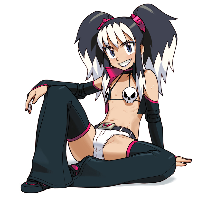 arm_support bangs bare_shoulders belt bikini_top black_belt black_footwear black_hair black_legwear black_vest blue_eyes blue_lipstick bridal_gauntlets collarbone eyebrows eyebrows_visible_through_hair eyes_visible_through_hair eyeshadow fingernails full_body grin halloween_sonohara halter_top halterneck highres ishikawa_hideki lipstick long_hair looking_at_viewer makeup multicolored_hair navel open_clothes open_vest ribs ring_dream shadow shoes short_shorts shorts sidelocks simple_background skull smile solo spikes stomach sweat teeth tsurime twintails two-tone_hair vest white_background white_hair white_shorts