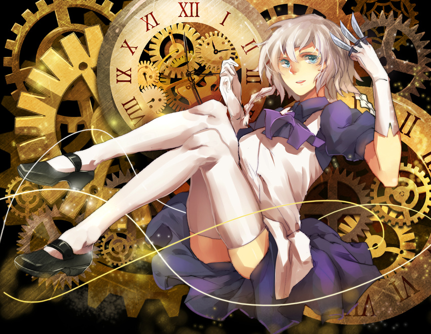 analog_clock apron ascot blue_eyes braid clock clockwork gloves highres holding holding_knife izayoi_sakuya knife knives_between_fingers legs_up looking_at_viewer maid mary_janes puffy_short_sleeves puffy_sleeves roman_numerals shoes short_hair short_sleeves silver_hair solo sunyuqian thighhighs touhou twin_braids weapon white_gloves white_legwear