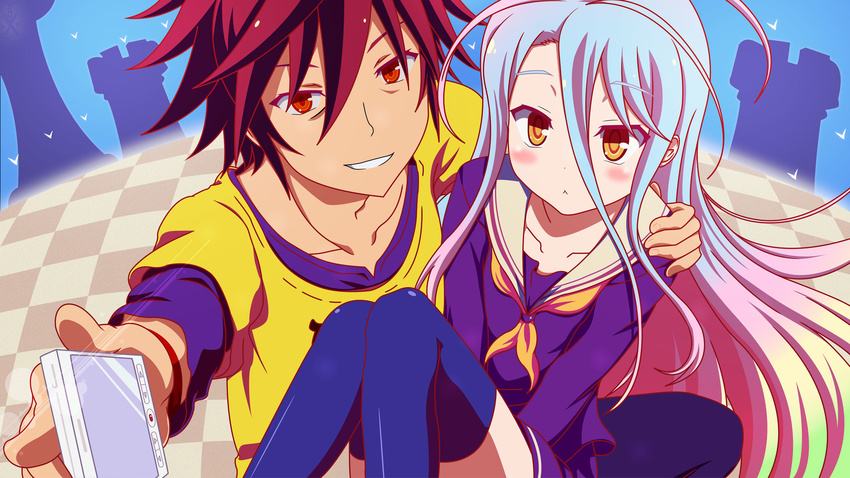 1boy 1girl brown_hair couple female hetero highres long_hair male multicolored_hair no_game_no_life phone red_hair school_uniform shira-nyoro shiro shiro_(no_game_no_life) short_hair smile sora sora_(no_game_no_life) yellow_eyes