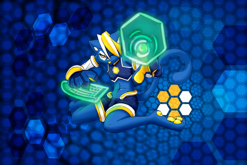 anthro arm_sleeves blue_fur blue_theme bulge cat chizi clothing cyberpunk e621 feline fur girly glowing hexagon hexerade hi_res hindpaw hologram keyboard_(computer) kneeling male mammal mascot one_eye_closed pattern_background pawpads paws shorts solo spot_color tjk tongue tongue_out top wallpaper wink yellow_eyes