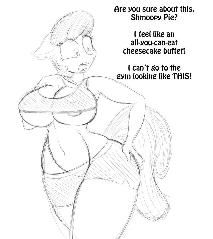 2015 anthro anthrofied areola big_breasts black_and_white breasts cheerilee_(mlp) cleavage clothed clothing dialogue english_text equine female friendship_is_magic hair horse jrvanesbroek mammal monochrome my_little_pony navel shorts sketch solo text wide_hips