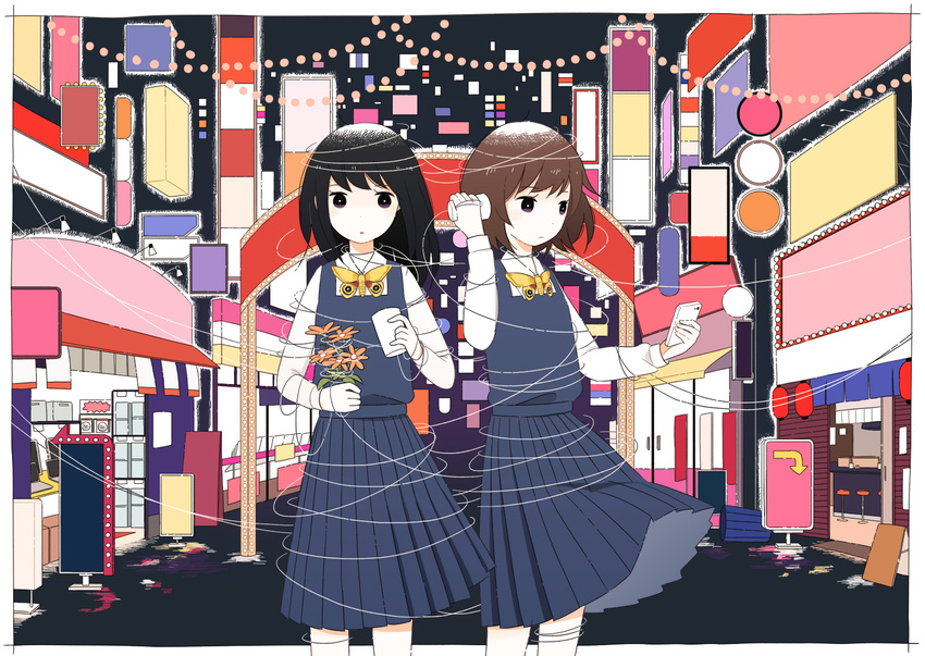 black_hair border bound brown_hair bug cellphone city city_lights dress flower holding holding_flower holding_phone insect jewelry moth multiple_girls necklace original phone satou_odori short_hair sign smartphone standing string_phone tied_up trash_can white_border