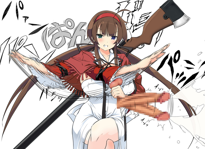 1girl ahoge asb2 bdsm blush breasts brown_hair bursting_breasts censored clenched_teeth crossed_legs crotch_kick cum disembodied_penis ejaculation gun hairband hetero heterochromia huge_breasts legs looking_at_viewer mosaic_censoring penis rifle ryoubi_(senran_kagura) senran_kagura senran_kagura_shinovi_versus slapping_penis smile tamakeri teeth testicle_grab testicles thighs weapon