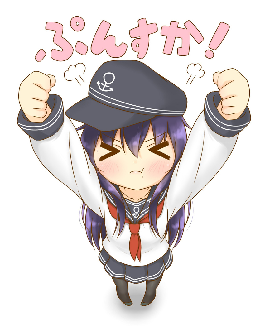 &gt;_&lt; akatsuki_(kantai_collection) anchor_symbol arms_up blush closed_eyes from_above hat highres kantai_collection kyounami long_hair neckerchief pantyhose pleated_skirt pout purple_hair red_neckwear school_uniform serafuku skirt solo tantrum translated