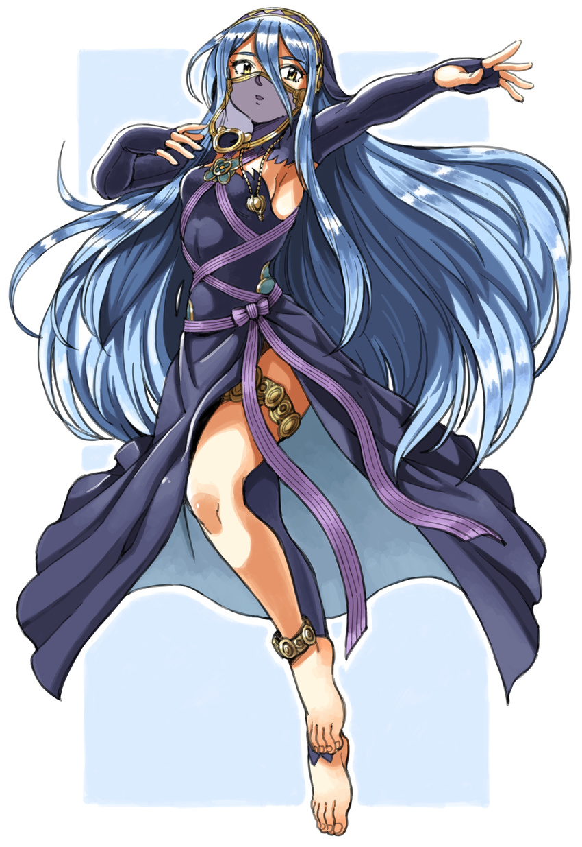 anklet aqua_(fire_emblem_if) armpits asymmetrical_legwear barefoot blue_dress blue_hair bow bridal_gauntlets dancing detached_sleeves dress feet fire_emblem fire_emblem_if full_body hairband highres jewelry long_hair outstretched_arm oyatsu_(mk2) parted_lips ribbon side_slit solo strapless strapless_dress toes veil very_long_hair yellow_eyes