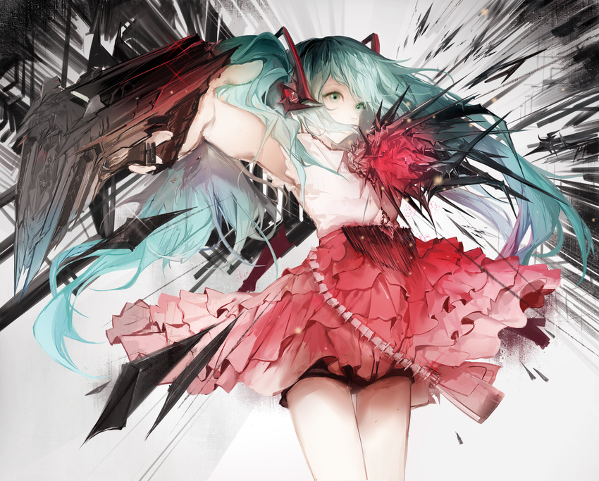 aqua_eyes aqua_hair cowboy_shot crystal expressionless foreshortening gun handgun hatsune_miku highres holding holding_gun holding_weapon long_hair pistol red_skirt sa'yuki shatter shirt skirt sleeveless sleeveless_shirt solo standing twintails very_long_hair vocaloid weapon white_shirt